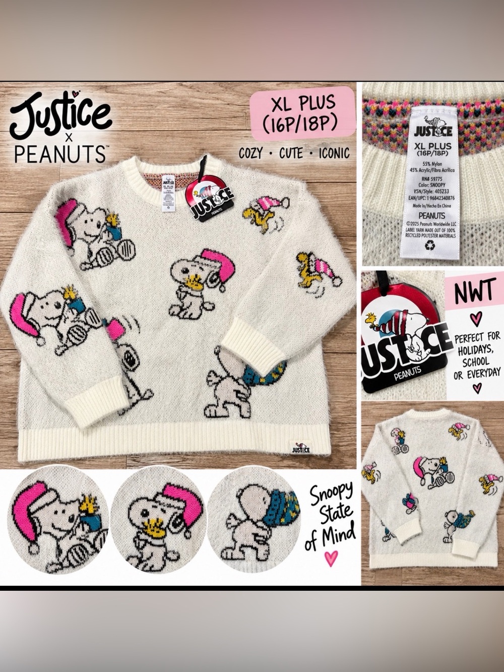 Justice x Peanuts Snoopy Fuzzy Sweater XL Plus NWT